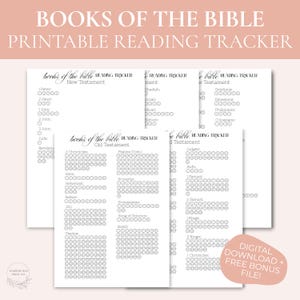 Puede incluir: Un conjunto de hojas de seguimiento de lectura imprimibles para los libros de la Biblia, con texto negro y casillas circulares para marcar el progreso en el Antiguo y Nuevo Testamento, incluyendo el encabezado Books of the Bible Reading Tracker.