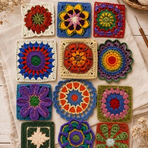 Könnte beinhalten: Eine Sammlung von elf mehrfarbigen Häkelquadraten und kreisförmigen Motiven mit verschiedenen Blumen- und geometrischen Mustern. Die Stücke sind aus Garnen in verschiedenen Farben wie Rot, Blau, Grün, Gelb, Lila und Orange gefertigt und zeigen komplexe Maschen und Texturen.