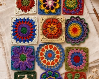 Puede incluir: Una colección de once cuadrados y motivos circulares de ganchillo multicolor que presentan diversos patrones florales y geométricos. Las piezas están elaboradas con hilos de colores variados, incluyendo rojo, azul, verde, amarillo, morado y naranja, mostrando intrincados puntos y texturas.