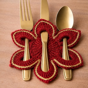 Patrón de ganchillo en PDF para soporte de cubiertos navideño / Posavasos y soporte para cucharas con forma de flor / Inglés + Italiano / Decoración de mesa navideña