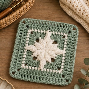 May include: A square crochet motif featuring a sage green background with a central white star-shaped design. The pattern includes a delicate white dotted border surrounding the star, crafted with textured yarn stitches in a geometric layout.