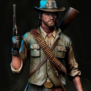 May include: A detailed 3D rendering of a cowboy figure. The figure wears a brown hat, green vest, and striped pants. A rifle is slung over the shoulder, and a pistol is in a holster. The figure has a red neckerchief and a belt with a gold buckle.