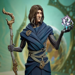 May include: A figure in a dark blue robe holds a staff and a glowing orb. The staff has a gold-colored, ornate top. The figure has brown hair and is wearing a dark blue shawl. The background is a blurred, light green and gold design.