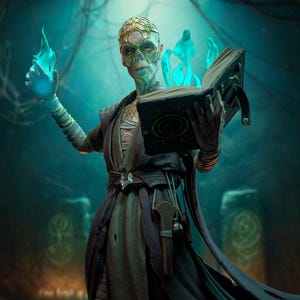 May include: A detailed fantasy figure of a skeletal sorcerer, adorned in dark robes and intricate gold headwear. The figure holds an open book with glowing blue energy emanating from it, and also from the sorcerer's hand. The overall theme is dark fantasy.
