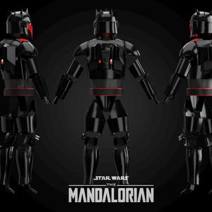 May include: Three views of a black Mandalorian armour suit with red detailing against a dark backdrop. The armour includes a helmet, chest plate, and limb protection. The Star Wars: The Mandalorian logo is at the bottom.