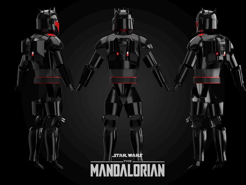 May include: Three views of a black Mandalorian armour suit with red detailing against a dark backdrop. The armour includes a helmet, chest plate, and limb protection. The Star Wars: The Mandalorian logo is at the bottom.