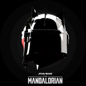 May include: A black and white helmet design from The Mandalorian series, set against a dark background. The helmet features a sleek, angular design with red accents and vertical protrusions. The Star Wars: The Mandalorian logo is at the bottom.