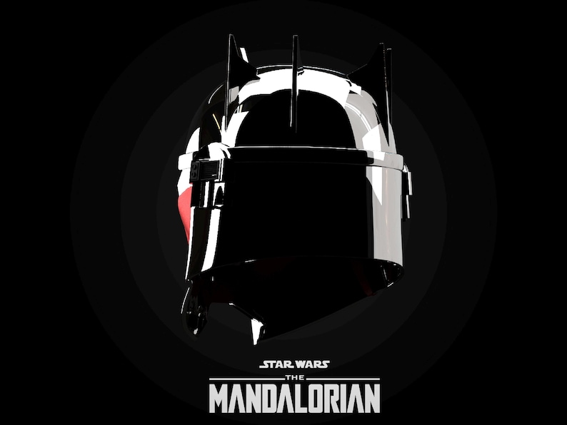 May include: A black and white helmet design from The Mandalorian series, set against a dark background. The helmet features a sleek, angular design with red accents and vertical protrusions. The Star Wars: The Mandalorian logo is at the bottom.