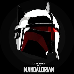 May include: A graphic depiction of a Mandalorian helmet in white, black, and red. The helmet is set against a black backdrop, with the Star Wars: The Mandalorian logo below. The design features sharp angles and a distinctive shape.
