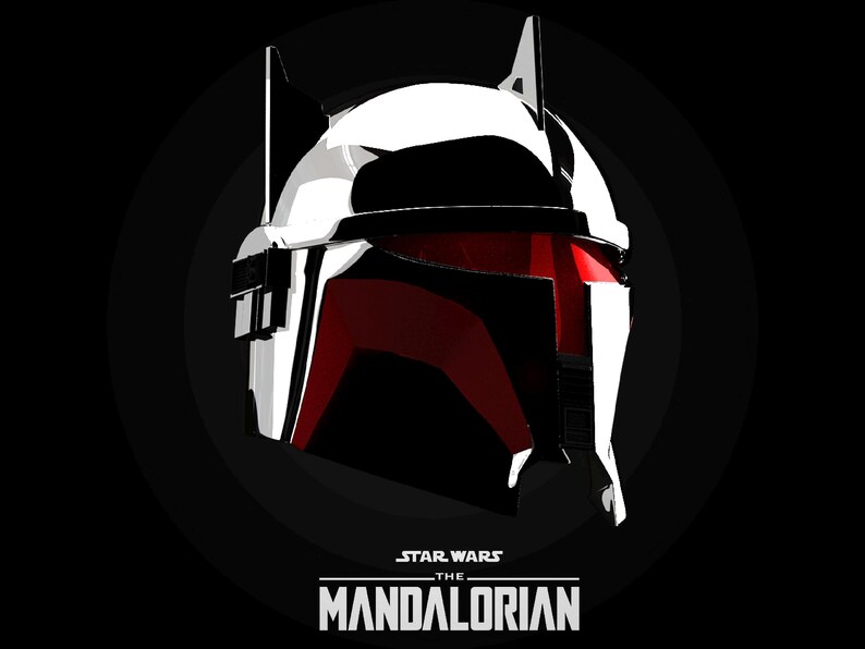 May include: A graphic depiction of a Mandalorian helmet in white, black, and red. The helmet is set against a black backdrop, with the Star Wars: The Mandalorian logo below. The design features sharp angles and a distinctive shape.