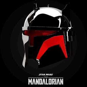 May include: A graphic illustration of a Mandalorian helmet. The helmet is predominantly black with red and silver details. The Star Wars: The Mandalorian logo is at the bottom, set against a black backdrop.