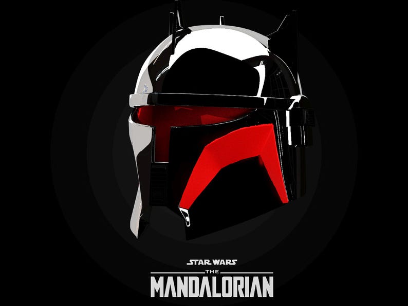 May include: A graphic illustration of a Mandalorian helmet. The helmet is predominantly black with red and silver details. The Star Wars: The Mandalorian logo is at the bottom, set against a black backdrop.