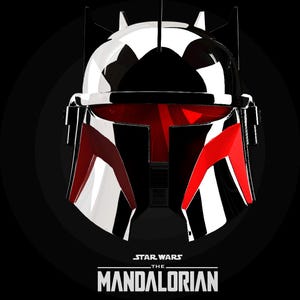 May include: A striking helmet design in black, white, and red, set against a black backdrop. The helmet has a glossy finish with sharp angles and the text "STAR WARS THE MANDALORIAN" at the bottom.
