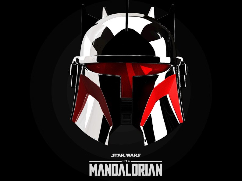 May include: A striking helmet design in black, white, and red, set against a black backdrop. The helmet has a glossy finish with sharp angles and the text "STAR WARS THE MANDALORIAN" at the bottom.