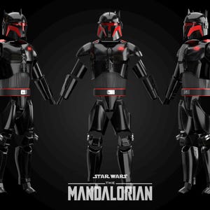 May include: Three black Mandalorian armour figures with red accents. The helmets have a unique design. The armour includes a red belt and chest details. The Star Wars: The Mandalorian logo is at the bottom.