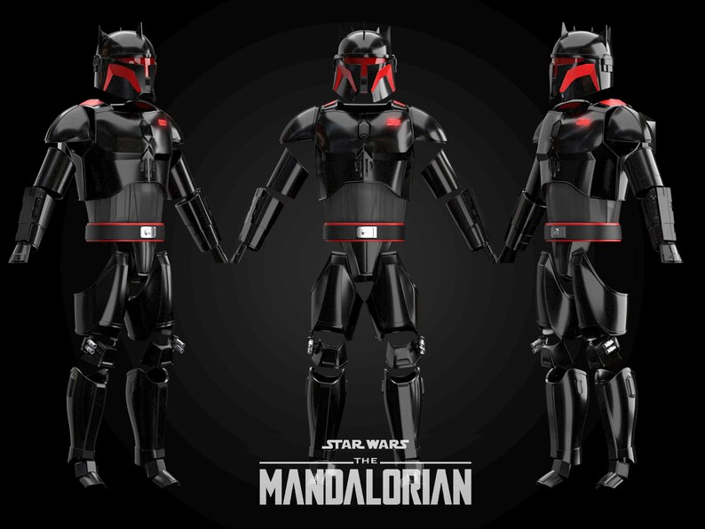 May include: Three black Mandalorian armour figures with red accents. The helmets have a unique design. The armour includes a red belt and chest details. The Star Wars: The Mandalorian logo is at the bottom.