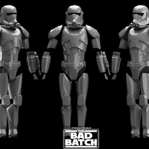 Puede incluir: Tres figuras grises de armadura futurista se alzan sobre un fondo negro. Las figuras están en posición de pie, con cascos y armaduras detallados. El logotipo de Star Wars: The Bad Batch está en la parte inferior.
