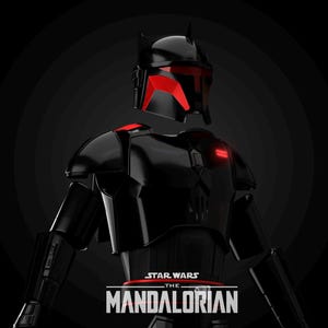 May include: A black Mandalorian armour suit with red detailing on the helmet and shoulders. The Star Wars: The Mandalorian logo is at the bottom. The armour has a sleek, futuristic design, set against a dark background.
