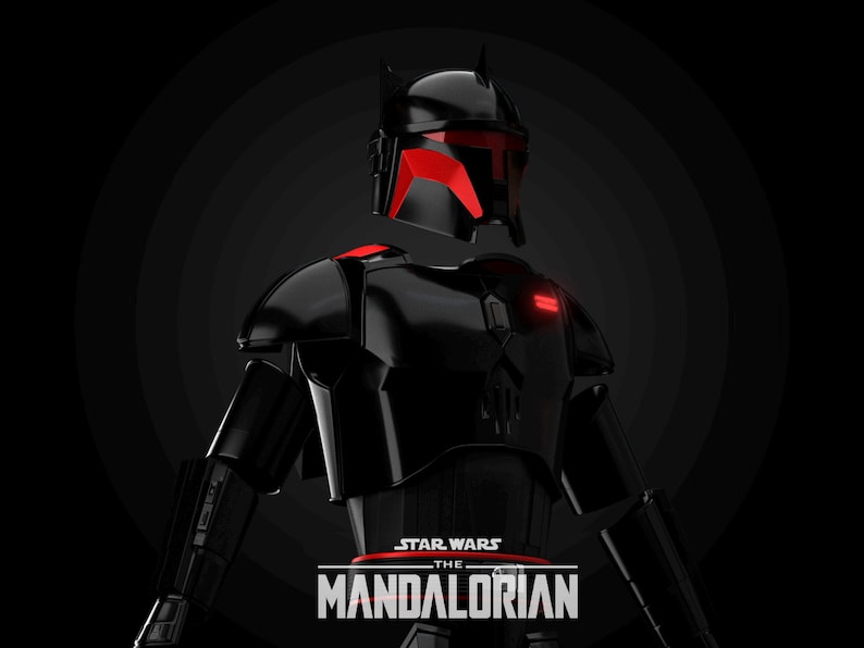 May include: A black Mandalorian armour suit with red detailing on the helmet and shoulders. The Star Wars: The Mandalorian logo is at the bottom. The armour has a sleek, futuristic design, set against a dark background.