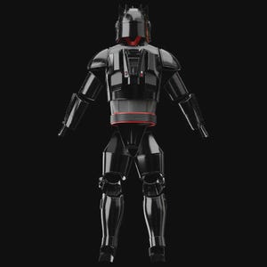 May include: A black and red armoured suit featuring a helmet, chest plate, and leg armour. The suit has a sleek, glossy finish with red accents around the midsection and helmet. The figure is standing against a black background.