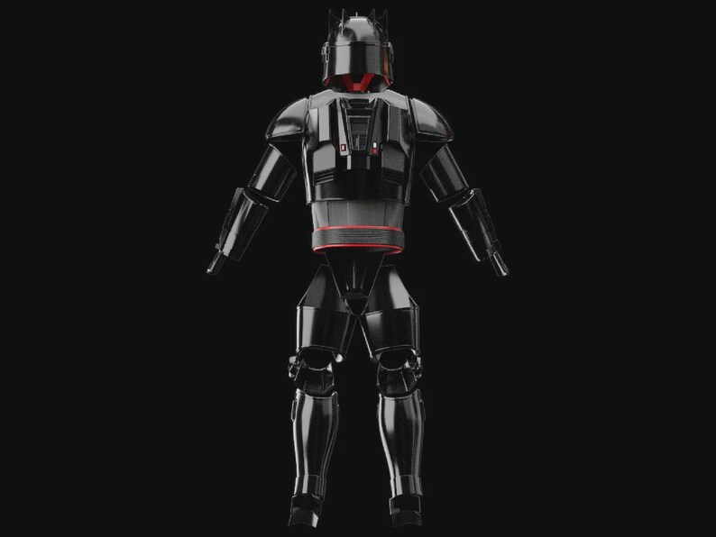 May include: A black and red armoured suit featuring a helmet, chest plate, and leg armour. The suit has a sleek, glossy finish with red accents around the midsection and helmet. The figure is standing against a black background.