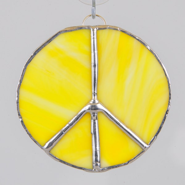 Bold bright summer yellow stained glass peace sign suncatcher