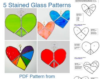 5 Stained Glass Heart Patterns - Heart Suncatchers - PDF INSTANT DOWNLOAD