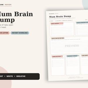 Peut inclure: Une page de planificateur numérique intitulée Mum Brain Dump avec des sections pour Must Happen, People Needing Things, Get It Out Of My Head, Food-ish Plan, Probably Forgotten et Tiny Wins. La mise en page inclut des cases à cocher et des lignes.