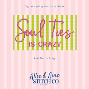 Può includere: Una guida digitale per punto croce con la scritta "Soul Ties Is Crazy" in rosa, su uno sfondo a righe gialle e bianche. Il logo Allie & Avie Stitch Co. è in basso, su uno sfondo a righe rosa e bianche.