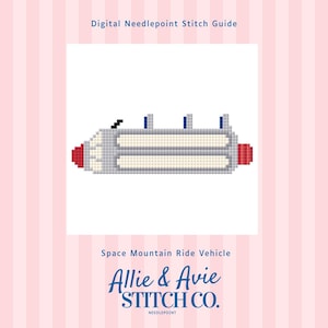 May include: Digital needlepoint stitch guide featuring a pixelated Space Mountain Ride Vehicle. The vehicle is primarily gray with red and blue accents. The guide is from Allie & Avie Stitch Co.