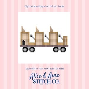 May include: Digital needlepoint stitch guide featuring an Expedition Everest Ride Vehicle design. The image shows a pixelated vehicle in shades of tan, brown, and black, with wheels and a detailed structure. The text "Allie & Avie STITCH CO." is also visible.