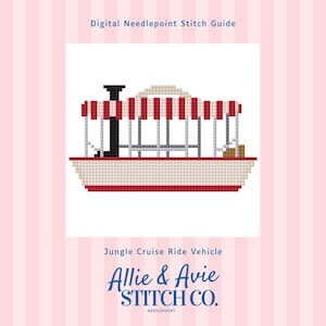 May include: A digital needlepoint stitch guide featuring a pixelated illustration of a Jungle Cruise ride vehicle. The design includes a red and white striped canopy, a black smokestack, and the text "Allie & Avie STITCH CO."