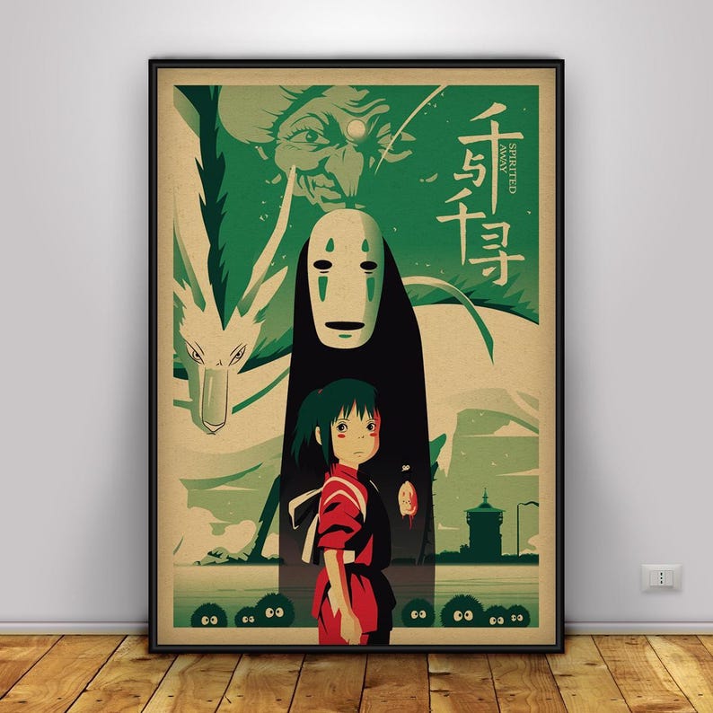 May include: Framed poster featuring characters from the animated film "Spirited Away." The artwork has a green, beige, and black color scheme. The poster includes Japanese text and illustrations of a girl, a faceless spirit, and a dragon.