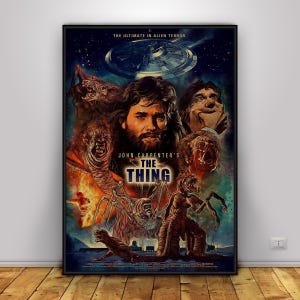 May include: A framed poster for John Carpenter's "The Thing." The artwork is a collage of images, including a central portrait of a man with a beard, and various monstrous creatures. The film's title is clearly visible.