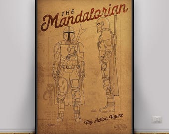 Poster The Mandalorian Blueprints, muurkunst Din Djarin en Grogu, blauwdruk, cadeauposter