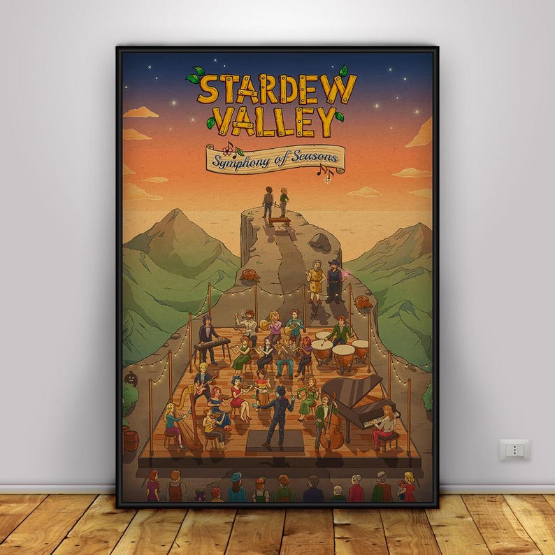 May include: A framed poster featuring the text "Stardew Valley" and "Symphony of Seasons." The artwork depicts an orchestra performing on a stage with a mountain backdrop. The color palette includes orange, green, and brown.