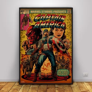May include: A framed vintage comic book cover featuring Captain America. The artwork showcases Captain America in a dynamic pose, surrounded by other characters. The title "Captain America" is prominently displayed. The comic book cover has a retro aesthetic with a yellow and red color scheme.