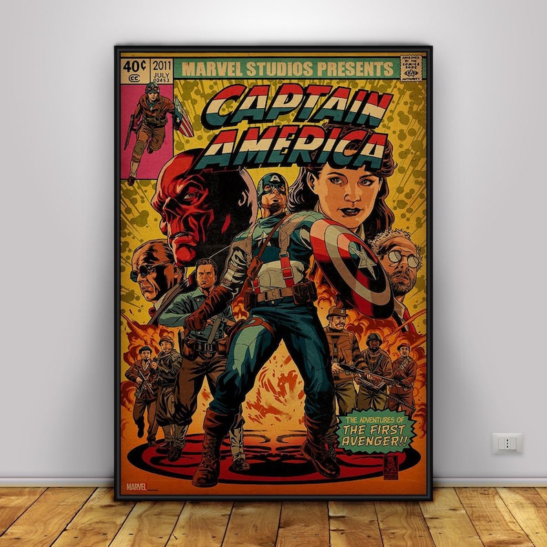 May include: A framed vintage comic book cover featuring Captain America. The artwork showcases Captain America in a dynamic pose, surrounded by other characters. The title "Captain America" is prominently displayed. The comic book cover has a retro aesthetic with a yellow and red color scheme.