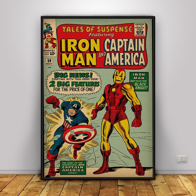 May include: A framed vintage comic book cover featuring Iron Man and Captain America. The cover has a red and yellow color scheme with the text "TALES OF SUSPENSE" and "IRON MAN AND AMERICA". Captain America is shown with his shield, and Iron Man is standing.