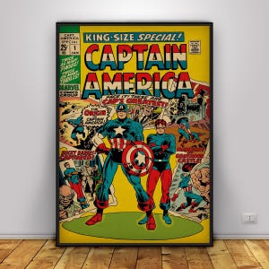 May include: A framed vintage comic book cover featuring Captain America. The cover has a yellow background with bold red, white, and blue text. Captain America and a sidekick are the central figures, with action scenes and text bubbles.