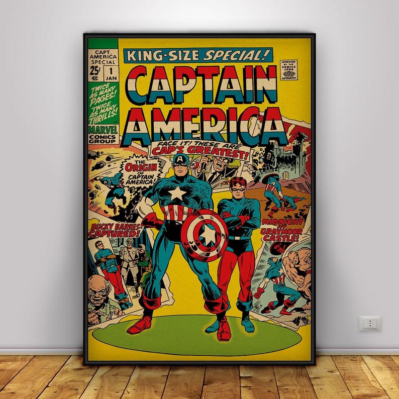 May include: A framed vintage comic book cover featuring Captain America. The cover has a yellow background with bold red, white, and blue text. Captain America and a sidekick are the central figures, with action scenes and text bubbles.