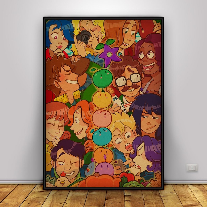 May include: A framed art print featuring a colorful illustration of various cartoon characters. The artwork showcases a diverse group of smiling faces, with a stack of colorful orbs in the center. The overall style is reminiscent of a video game or comic book.