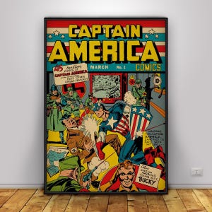 May include: A framed vintage Captain America comic book cover. The artwork features Captain America in action, with bold text reading "CAPTAIN AMERICA" in yellow and blue. The comic is set against a red, blue, and yellow background, with soldiers and a map of the USA.
