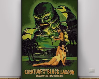 Poster Creature from the Black Lagoon, klassieke monsterkunst aan de muur, vintage horrorfilmdecor, Universal Pictures Creature-print, cadeauposter
