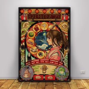 Op de afbeelding: Een ingelijste poster met een kleurrijke illustratie uit de animatiefilm "Spirited Away". Het kunstwerk toont een jonge vrouw in profiel, omringd door cirkelvormige vignetten met personages en symbolen. De titel "Spirited Away" staat bovenaan.