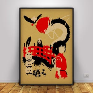 May include: Framed art print featuring a stylized illustration from the animated film, Spirited Away. The artwork showcases a red bridge, a dragon, and a girl in a red outfit, set against a tan background with a black frame. The design uses bold black, red, and white colors.