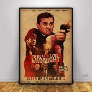 May include: A framed poster with a vintage aesthetic, featuring the text "THREAT LEVEL MIDNIGHT" and the phrase "CLEAN UP ON AISLE 5...". The poster showcases a central figure holding a gun, surrounded by other characters. The color palette is dominated by reds, browns, and blacks.
