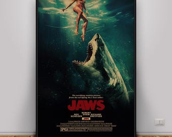 Jaws Poster, Steven Spielberg Wall Art, Classic Shark Thriller Movie Decor, Ocean Horror Print, Gift Poster
