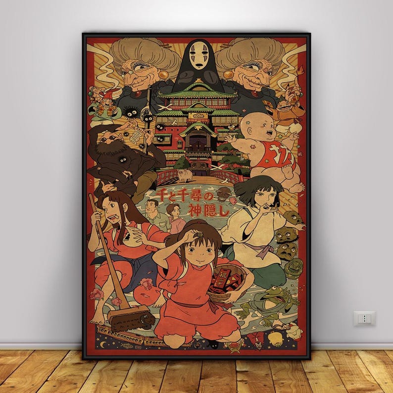 Op de afbeelding: Een ingelijste poster met een kleurrijke illustratie van personages uit een Japanse animatiefilm. Het kunstwerk heeft een vintage esthetiek, met een rood en bruin kleurenschema. De poster bevat Japanse tekst en verschillende figuren.