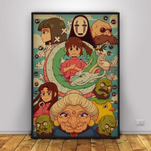 May include: A framed poster featuring characters from the animated film Spirited Away. The artwork showcases a variety of characters in a colorful, vintage style, including Chihiro, No-Face, and Haku the dragon, set against a light blue background.